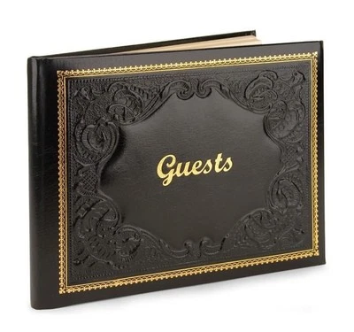 SALE! Italian Fiorentina Black Leather Guest Book 8.5 X 10.5 Gold Trim Embossed - Image 1 of 4