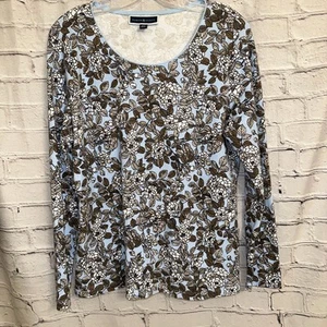 Karen Scott Women’s Large Blue & White floral knit top, long sleeve Stretchy - Bild 1 von 9