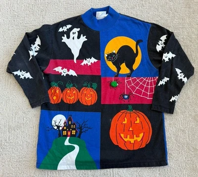 Vintage Spumoni by Franko Pullover Damen mittelblau schwarz Halloween Katze Geister - Bild 1 von 4