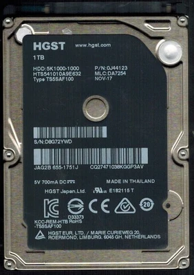 HTS541010A9E632 P/N: 0J44123 MLC: DA7254 THAILAND NOV 2017 HGST 1TB APPLE - Image 1 of 3