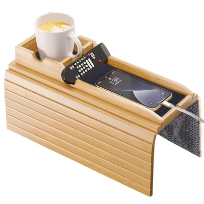 Bamboo Sofa Armrest Tray - 2-in-1 Foldable Sofa Arm Tray with Detachable Couc... - Image 1 of 4