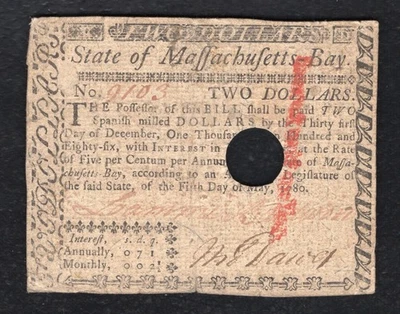 MAY 5, 1780 $2 TWO DOLLARS MASSACHUSETTS BAY COLONIAL CURRENCY NOTE (B) - Image 1 of 2