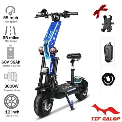 TIFGALOP 6000W Foldable Electric Scooter Adult Dual Motor 12inch Tire 55MPH 60V 38AH