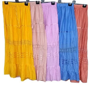 New Cotton Boho Maxi Skirt Lace Ribbon Lined Hippie One Size 8 10 12 14 16 18 20 - Picture 1 of 41