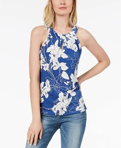 Women’s INC Textured-Print Two-Keyhole Top Mosaic Peony Blue White XL NWT - Picture 1 of 6