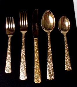 5 Piece Set Vintage Cellini Romanesque Rose Pattern Gold Plated Flatware 1960s F - Picture 1 of 11