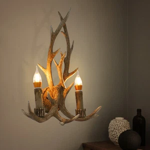 2-Lights Resin Antler Deer Horn Chandelier Pendant Lighting Retro LED Wall Light - Picture 1 of 12