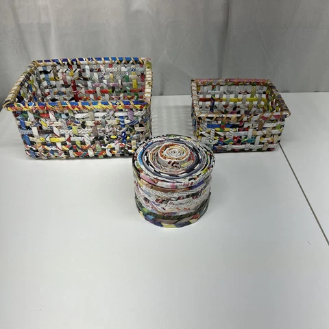 Magazine Art Woven Rolled Basket Storage 3 Piece Set Folk Art Cover