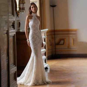 Elegant Mermaid Wedding Dresses Halter Neck Sleeveless Lace Applique Bridal Gown - Picture 1 of 7