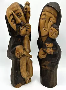 (2) Vintage Hand Carved Wood Folk Art Woman & Child & Music Man - Picture 1 of 15