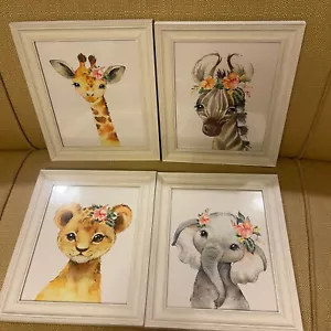 Set Of 4 Baby Animals Watercolor Framed Art Elephant Giraffe Zebra Lion - Picture 1 of 11