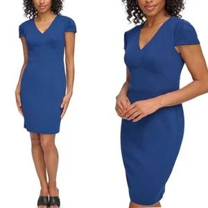 NWT $129 DKNY Stretch V-Neck Short Sleeve Sheath Dress Cobalt Blue SZ-14 - Picture 1 of 10
