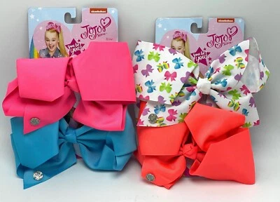 JoJo Siwa 4 Large Hair Bow Clips Neon Pink Blue Coral Rainbow Cheer Bows Set New - Image 1 of 4