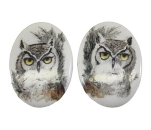 White Ceramic Cute Owls Oval Stud Earrings - Picture 1 of 12