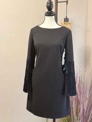 Vestido Adrianna Pappell Negro Flecos Manga Larga Forrado Talla 8 Nuevo con Etiquetas Foto 1 de 4