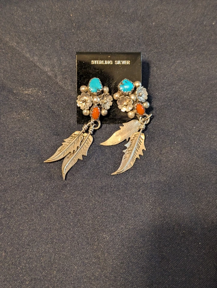 Sterling Silver Flower and Feather Dangle Earrings 7g With Turquoise And Coral - Image 1 of 3