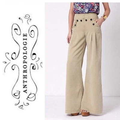 Pantalones Elevenses Mujer 6 Pierna Ancha Marinero Botones Caqui Beige Anthropologie Foto 1 de 4