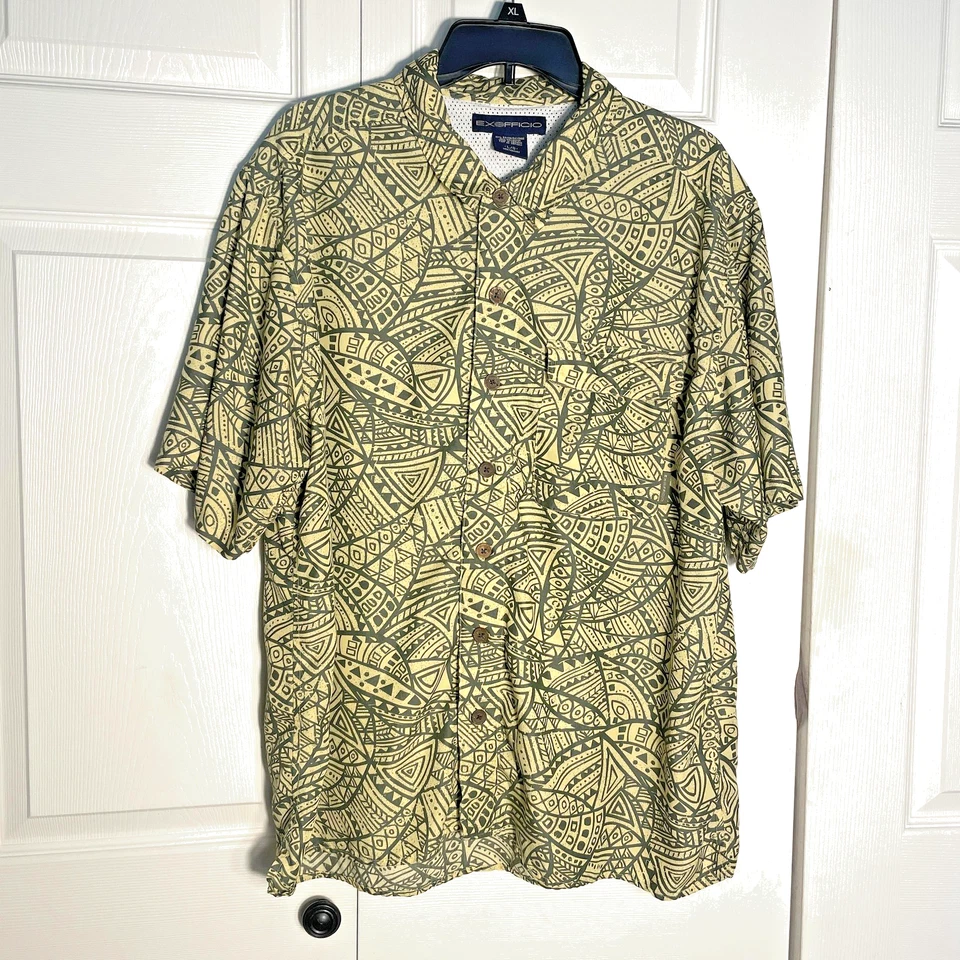 ExOfficio Shirt Men Large Yellow Green Tribal Print Button Up Vented Outdoor - Image 1 of 4