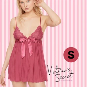Victoria's Secret Babydoll Pleated Slip Lace Camisole Chemise Bow In Rose - S - Picture 1 of 20