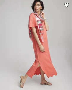 Neu mit Etikett $ 169 Chico's Leinen V-Ausschnitt Maxikleid Cutwork bestickt Ösen Melone L/12 - Bild 1 von 20