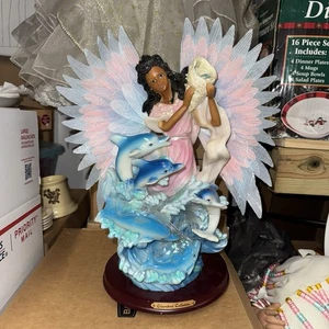 Chambord Collection Black African American Angel Figurine Dolphins Fiber Optic - Picture 1 of 13