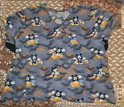 Disney Mickey Mouse Halloween Scrub Top Womens 2X Pockets Back Waist Cinch Tie - Image 1 of 3