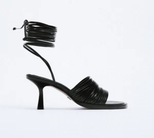 Zara Tie Up Black Leather Sandals SZ 41/10 - Picture 1 of 5