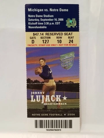 Notre Dame Irish Michigan Wolverines 2006 Football Ticket Stub Johnny Lujack Cover