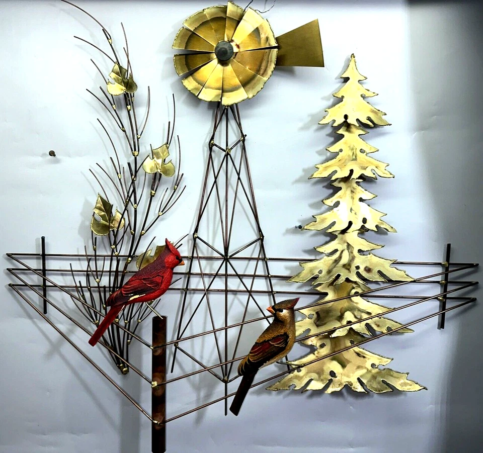 Vintage Brutalist Curtis Jere Style Metal NATURE Sculpture w/wood Birds 30"x28" - Image 1 of 4