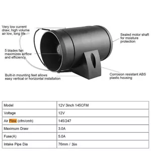 3 inch Boat In Line Bilge Blower Marine Cabin Air Ventilation Fan 145CFM 12V - Bild 1 von 10