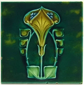 Art Nouveau Green Moulded Majolica Tile by Henry Richards C1906 - Picture 1 of 3
