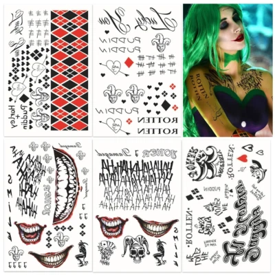 Harley Quinn & Joker Temporary Tattoos - 5 Large Sheets for Cosplay & Halloween