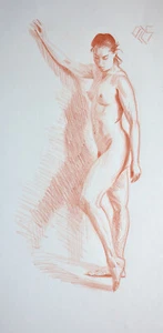 Original Female red Crayon on paper life Drawing nude Girl woman artwork art - Picture 1 of 1