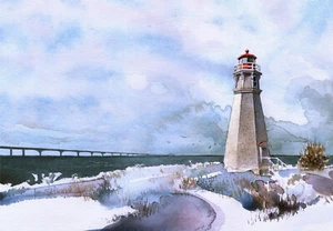 Cape Jourimain Lighthouse, New Brunswick Canada. James Mann Watercolor Notecards - Picture 1 of 2