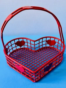 Vintage 90’s Metal Red Coated Heart Shaped 1 1/2” Shallow Basket 6 x 5” Hearts - Picture 1 of 7