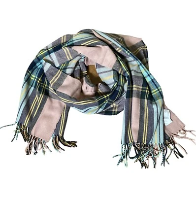 Mujer J.Crew Azul/Amarillo/Rosa Bufanda A Cuadros Envolvente Flecos Talla Única Foto 1 de 4