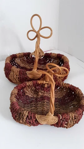Vintage 2 Wicker Rope Woven Buttock Baskets W/Twisted Decorative Handles Rustic Cover