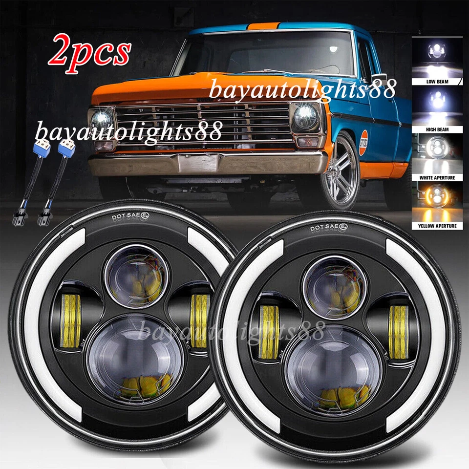 2pcs Fit Ford F-100 F-150 Bronco Mustang 7" Round LED Headlights Halo Hi/Lo Beam - Image 1 of 4