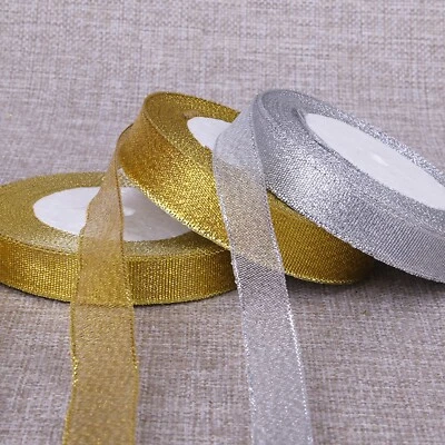 25 Yards Silver Gold Metallic Ribbon 1/4"-3/4" Wedding Christmas Gift Wrap Craft - Image 1 of 4