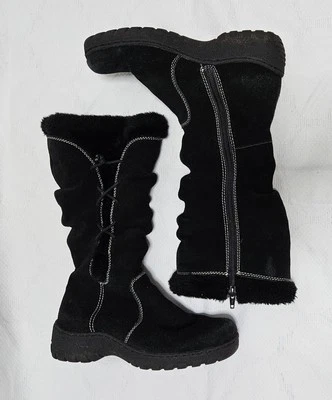 Botas de cuero bajo gamuza cuervo para mujer 6M forradas de piel negra con cordones acento cremallera lateral Foto 1 de 4