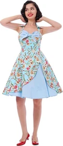 Vintage Style Blue Floral Halter Dress | Size M / UK 12 - Picture 1 of 11