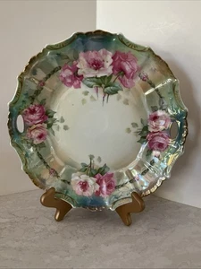 Vintage Gorgeous German Porcelain Cake Plate Green W/Pink Roses, Wreath Of Roses - Picture 1 of 6