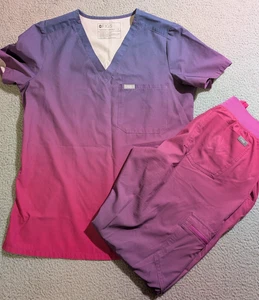 FIGS Women`s Pink & Purple Ombre Short Sleeve Shirt & Lined Jogger Set / Size S - Picture 1 of 15