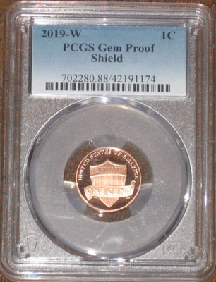 2019 W Proof Shield Penny PCGS Gem Proof RD Lincoln cent Red 1c - Image 1 of 2