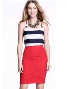 J. Crew No 2 Pencil Skirt Size 6 Rich Red Eyelet Floral Lace Stretch Cotton - Picture 1 of 5