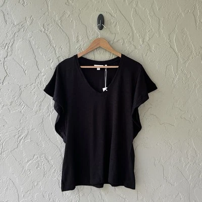 Camiseta para mujer Chico grande negra talla 2 cuello en V mangas con volantes tejida holgada nueva sin etiquetas Foto 1 de 4