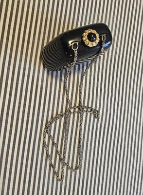 Black Lucite Clamshell Evening Bag Rhinestone Onyx Clasp 21" Drop Metal Chain 🖤 - Image 1 of 4