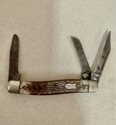 Schrade 3 лезвия карманный нож 881 США NY винтажный складной рога рога - Изображение 1 из 4