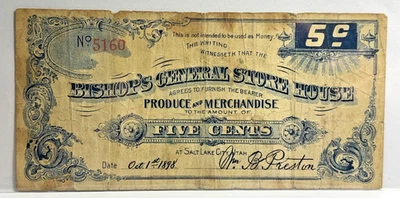1898 5c BISHOPS GENERAL STORE HOUSE SALT LAKE CITY OBSOLETE SCRIP-PRODUCE & MDSE - Image 1 of 2