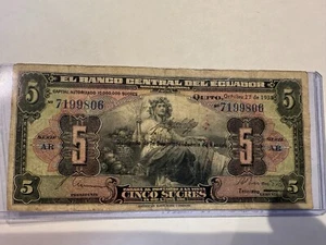 October 27 1938 Ecuador Cinco 5 Sucres Banknote - Picture 1 of 2